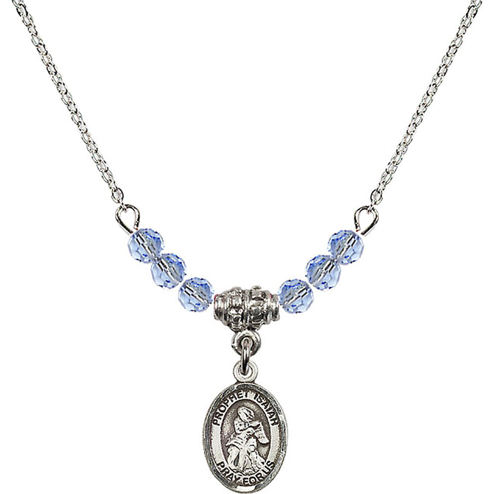 Sterling Silver Saint Isaiah Birthstone Necklace with Light Sapphire Beads - 9258