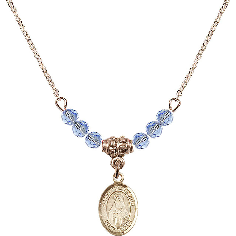 14kt Gold Filled Saint Hildegard von Bingen Birthstone Necklace with Light Sapphire Beads - 9260
