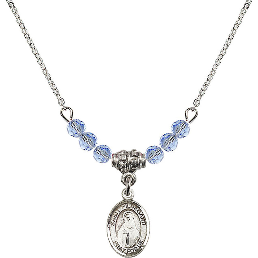 Sterling Silver Saint Hildegard von Bingen Birthstone Necklace with Light Sapphire Beads - 9260