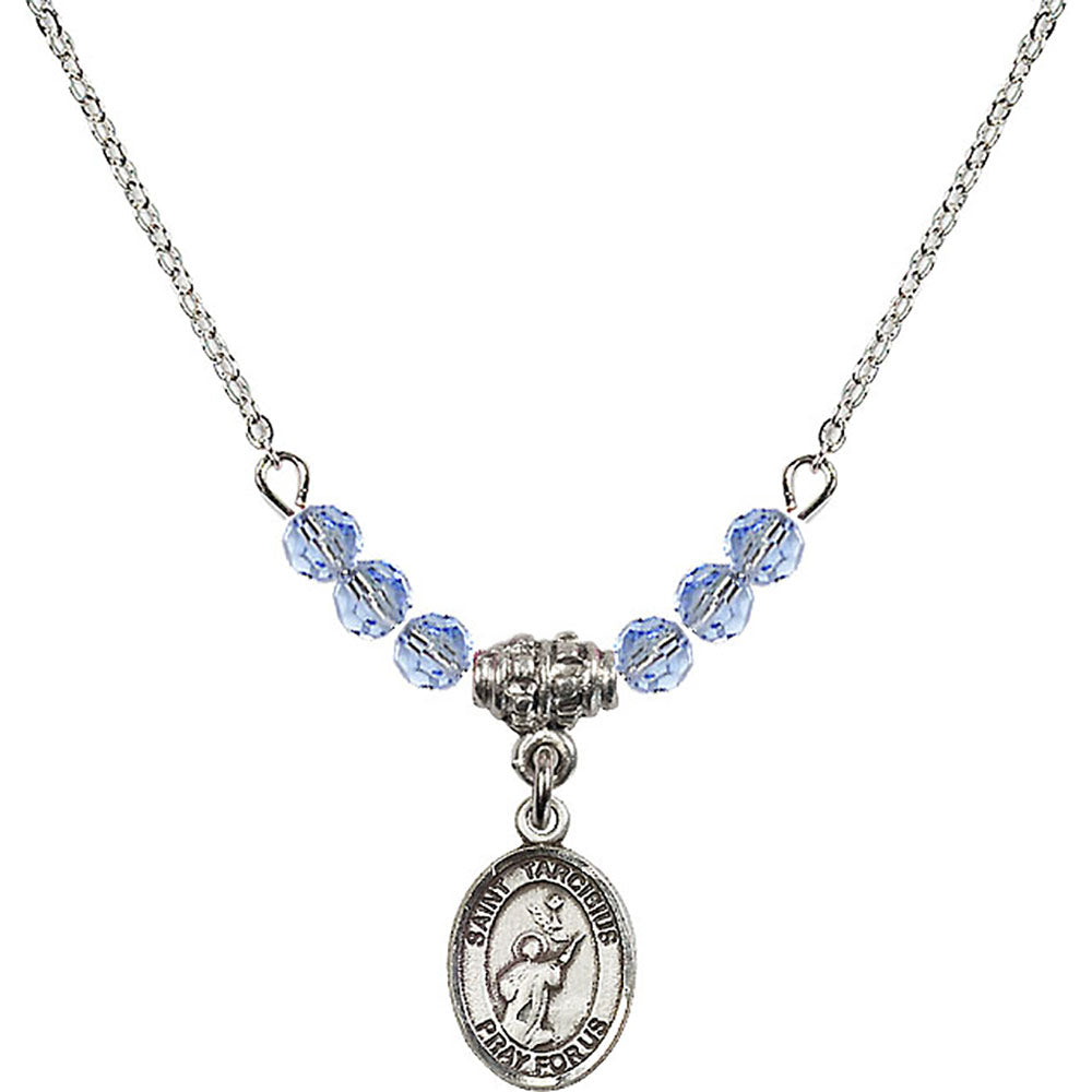 Sterling Silver Saint Tarcisius Birthstone Necklace with Light Sapphire Beads - 9261