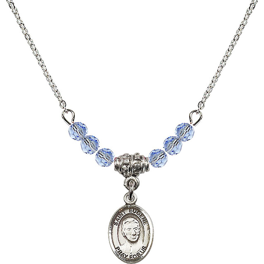 Sterling Silver Saint Eugene de Mazenod Birthstone Necklace with Light Sapphire Beads - 9266