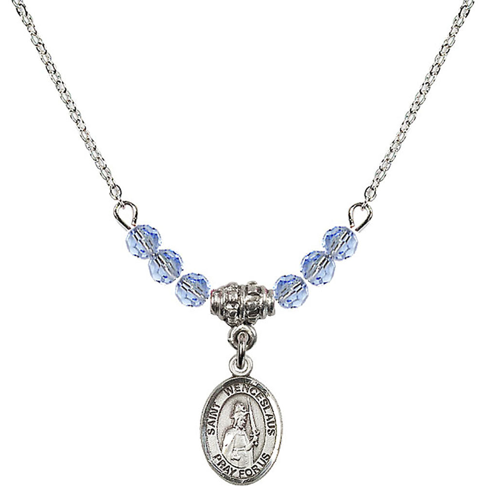Sterling Silver Saint Wenceslaus Birthstone Necklace with Light Sapphire Beads - 9273