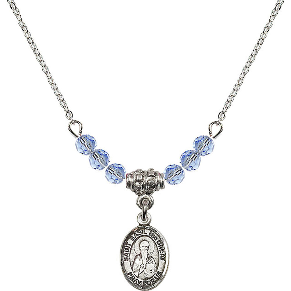Sterling Silver Saint Basil the Great Birthstone Necklace with Light Sapphire Beads - 9275