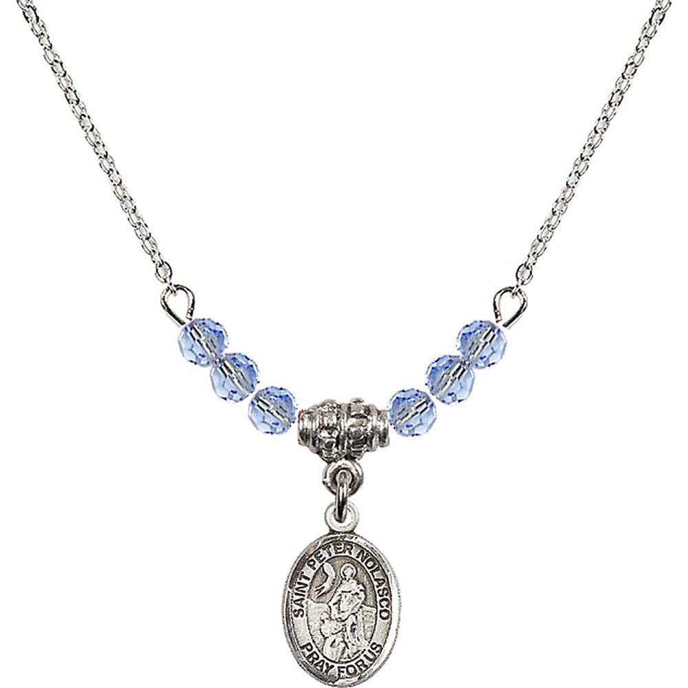 Sterling Silver Saint Peter Nolasco Birthstone Necklace with Light Sapphire Beads - 9291