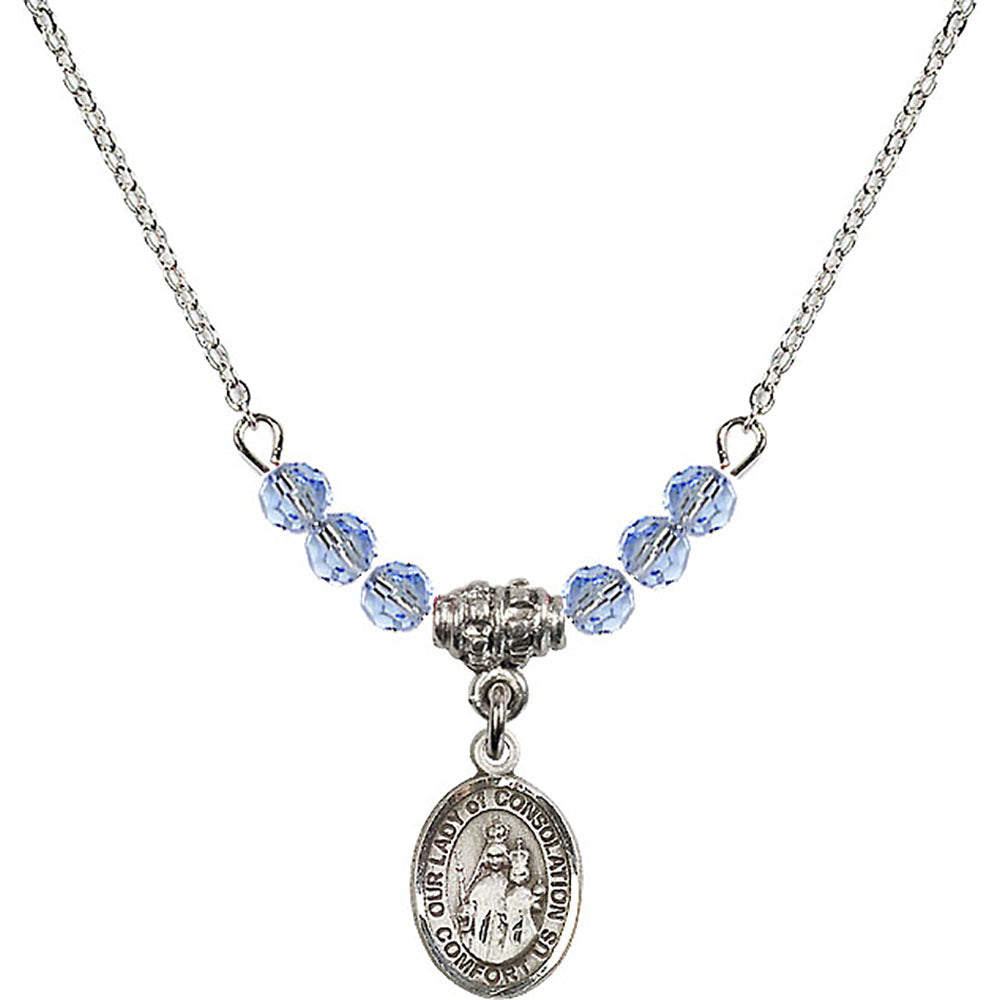 Sterling Silver Our Lady of Consolation Birthstone Necklace with Light Sapphire Beads - 9292