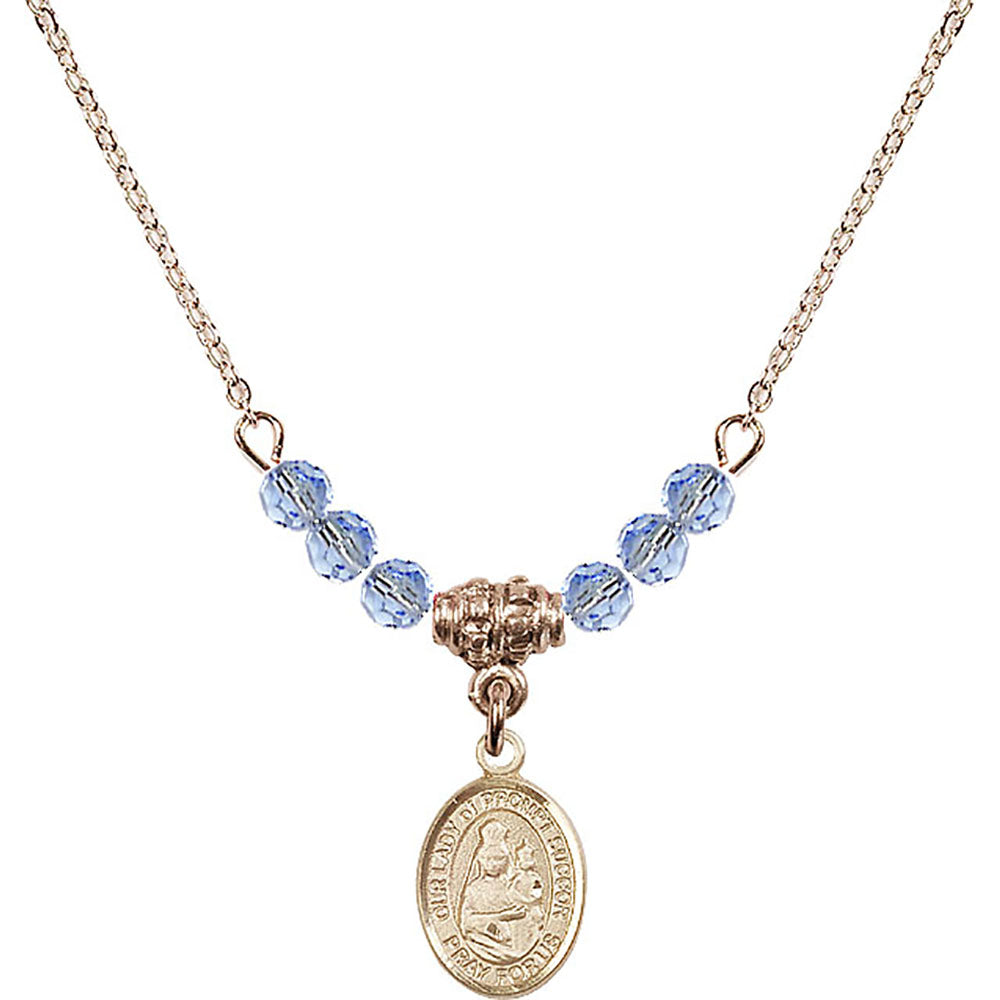 14kt Gold Filled Our Lady of Prompt Succor Birthstone Necklace with Light Sapphire Beads - 9299