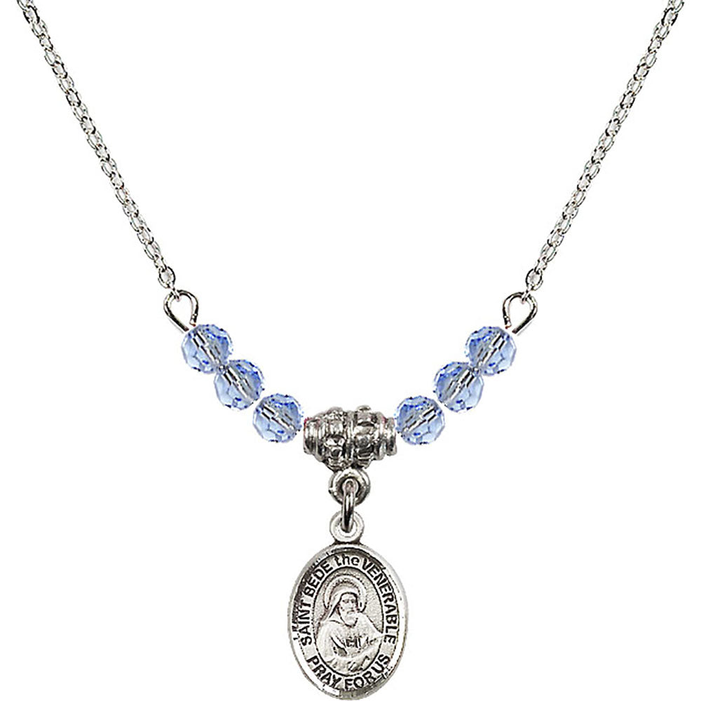 Sterling Silver Saint Bede the Venerable Birthstone Necklace with Light Sapphire Beads - 9302