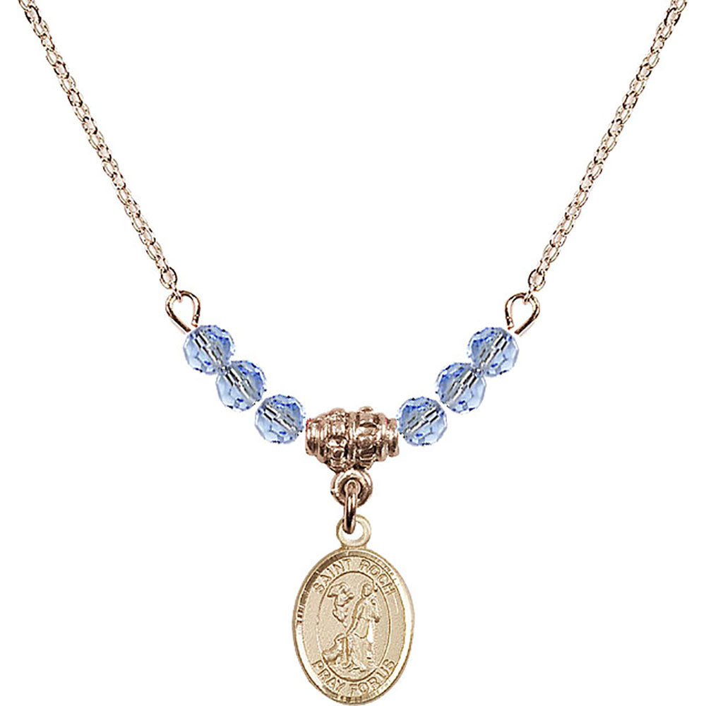 14kt Gold Filled Saint Roch Birthstone Necklace with Light Sapphire Beads - 9310