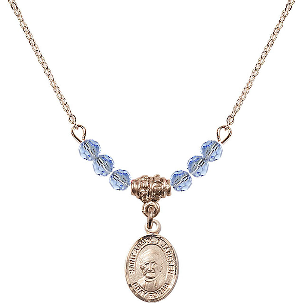 14kt Gold Filled Saint Arnold Janssen Birthstone Necklace with Light Sapphire Beads - 9328