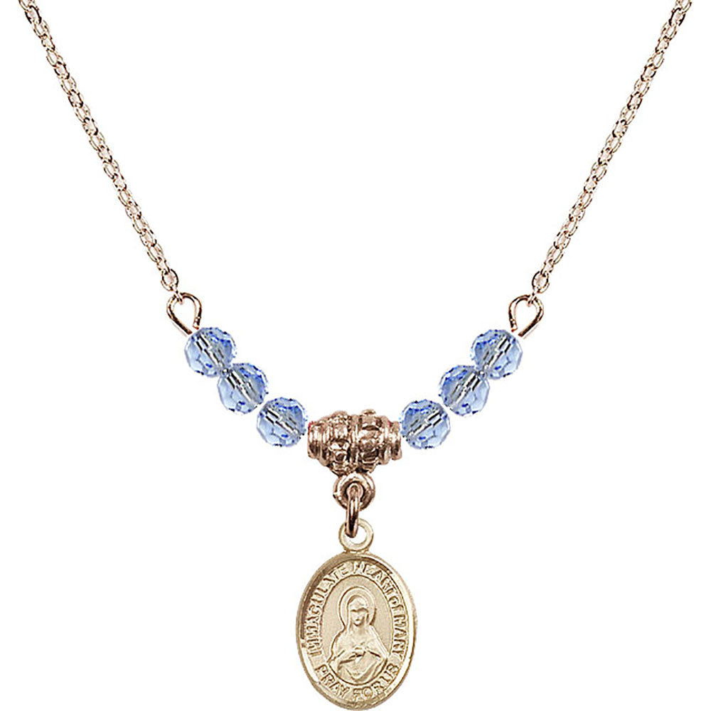 14kt Gold Filled Immaculate Heart of Mary Birthstone Necklace with Light Sapphire Beads - 9337