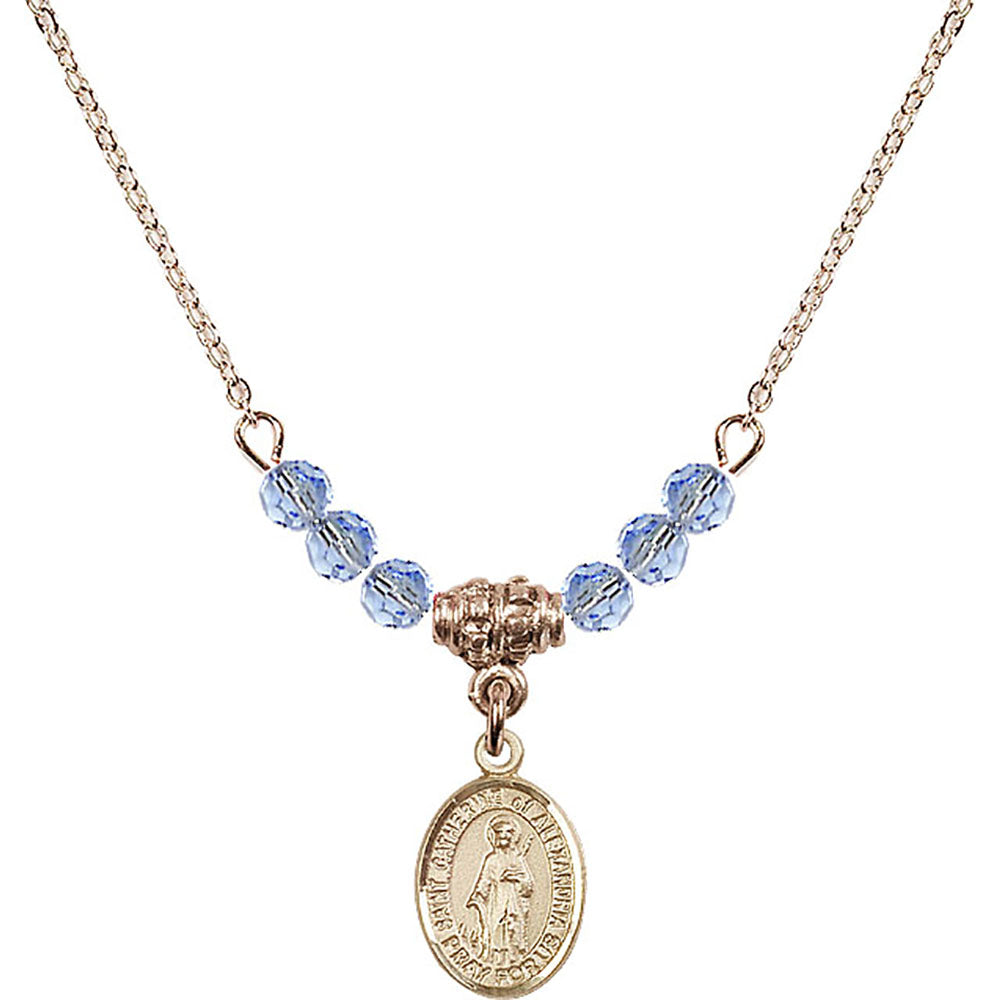 14kt Gold Filled Saint Catherine of Alexandria Birthstone Necklace with Light Sapphire Beads - 9343