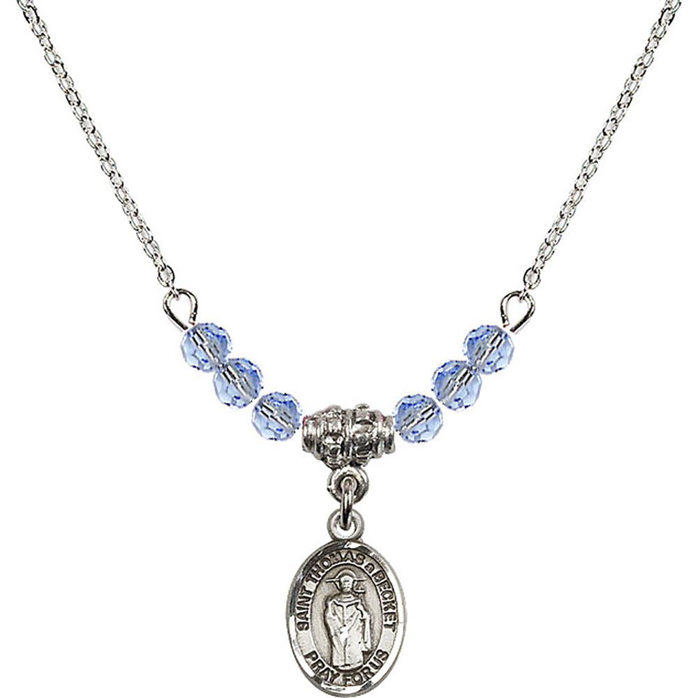 Sterling Silver Saint Thomas A Becket Birthstone Necklace with Light Sapphire Beads - 9344
