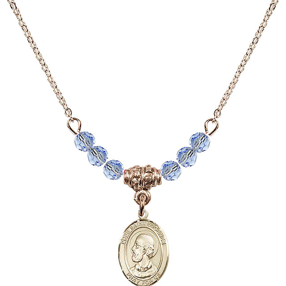 14kt Gold Filled Pope Saint Eugene I Birthstone Necklace with Light Sapphire Beads - 9352
