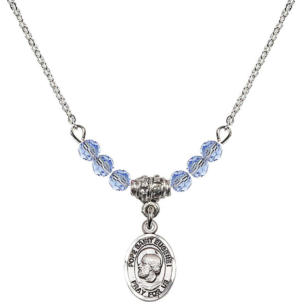 Sterling Silver Pope Saint Eugene I Birthstone Necklace with Light Sapphire Beads - 9352