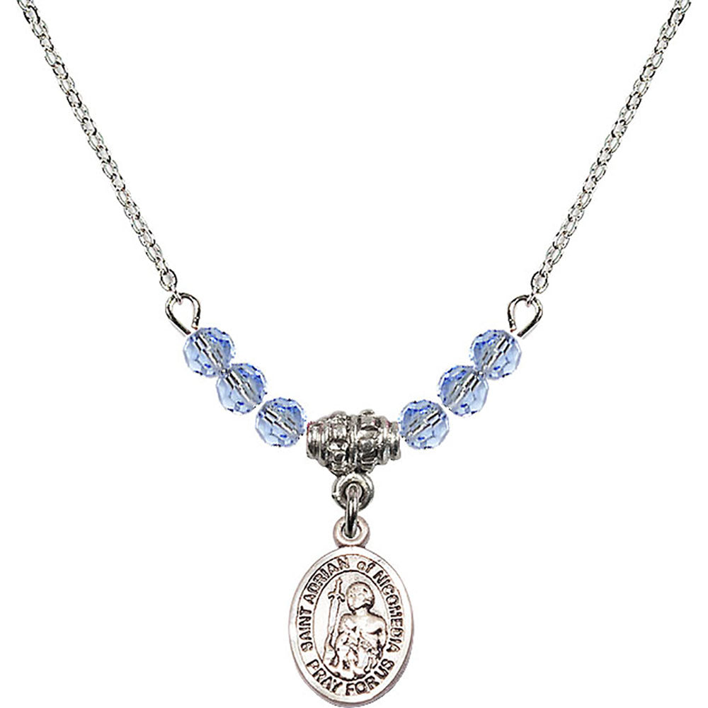 Sterling Silver Saint Adrian of Nicomedia Birthstone Necklace with Light Sapphire Beads - 9353