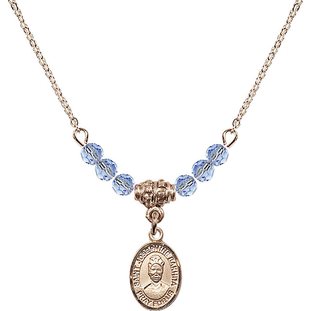 14kt Gold Filled Saint Josephine Bakhita Birthstone Necklace with Light Sapphire Beads - 9360