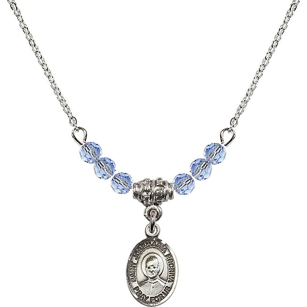 Sterling Silver Saint Josemaria Escriva Birthstone Necklace with Light Sapphire Beads - 9362