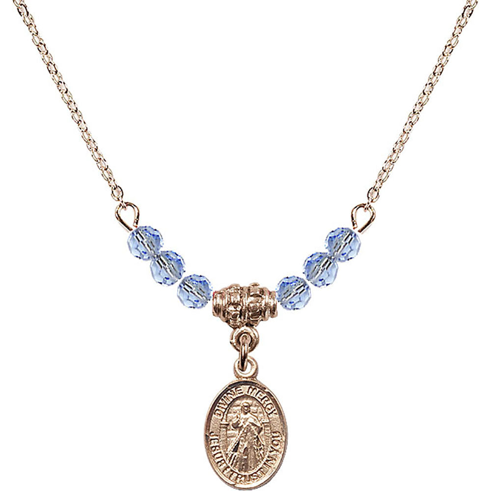14kt Gold Filled Divine Mercy Birthstone Necklace with Light Sapphire Beads - 9366