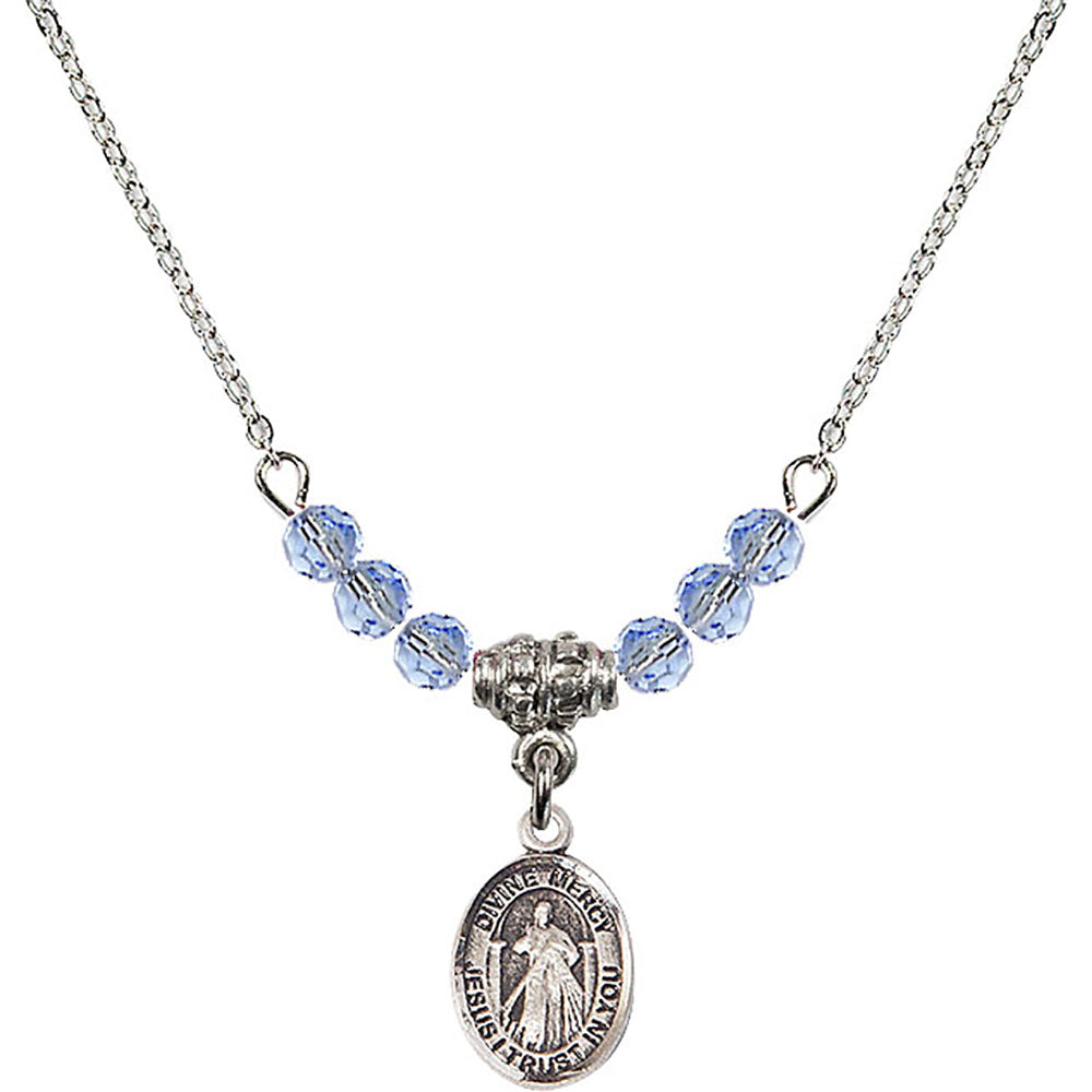 Sterling Silver Divine Mercy Birthstone Necklace with Light Sapphire Beads - 9366
