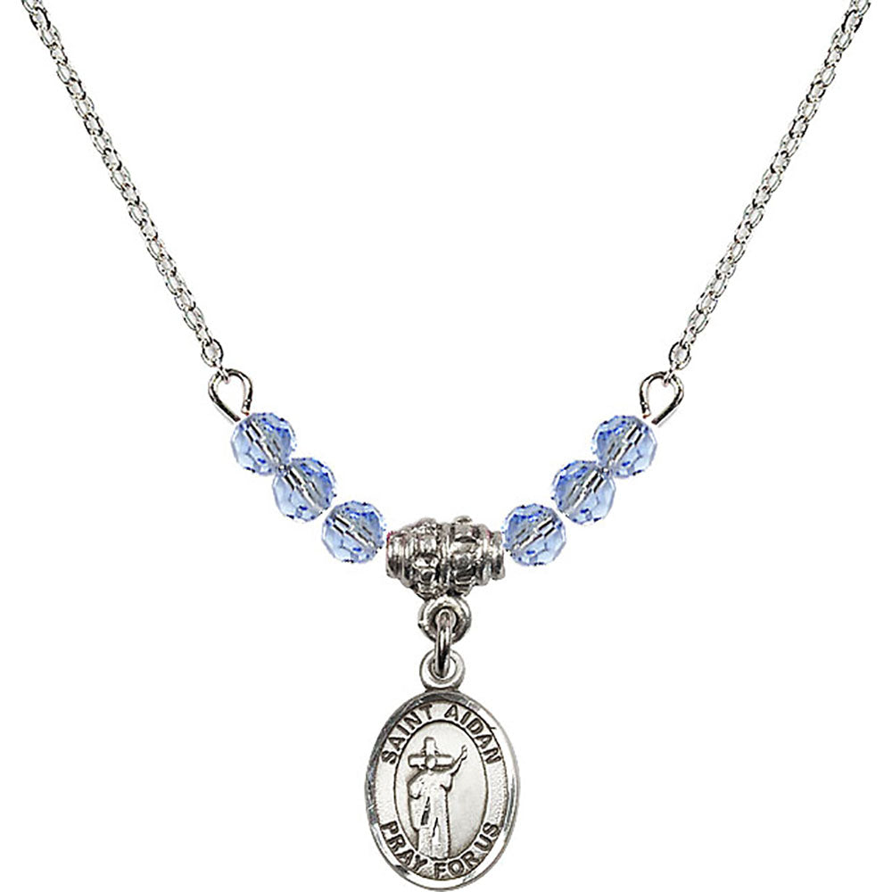 Sterling Silver Saint Aidan of Lindesfarne Birthstone Necklace with Light Sapphire Beads - 9381