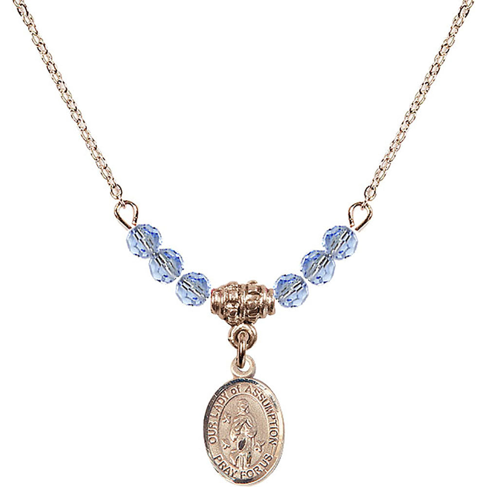 14kt Gold Filled Our Lady of Assumption Birthstone Necklace with Light Sapphire Beads - 9388