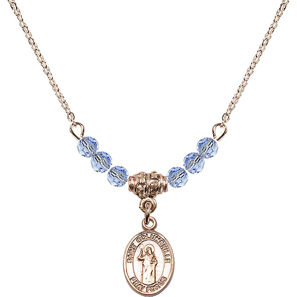 14kt Gold Filled Saint Columbkille Birthstone Necklace with Light Sapphire Beads - 9399