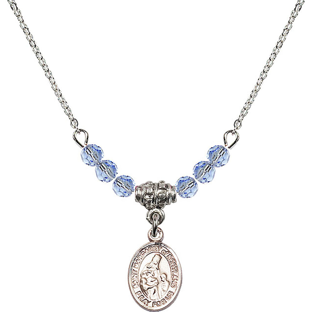 Sterling Silver Saint Margaret of Scotland Birthstone Necklace with Light Sapphire Beads - 9407