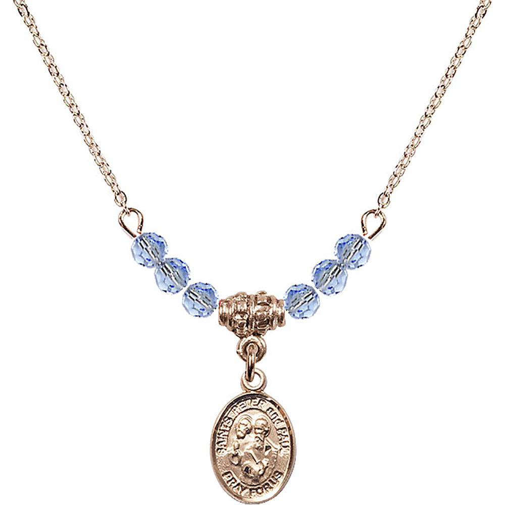 14kt Gold Filled Saints Peter & Paul Birthstone Necklace with Light Sapphire Beads - 9410