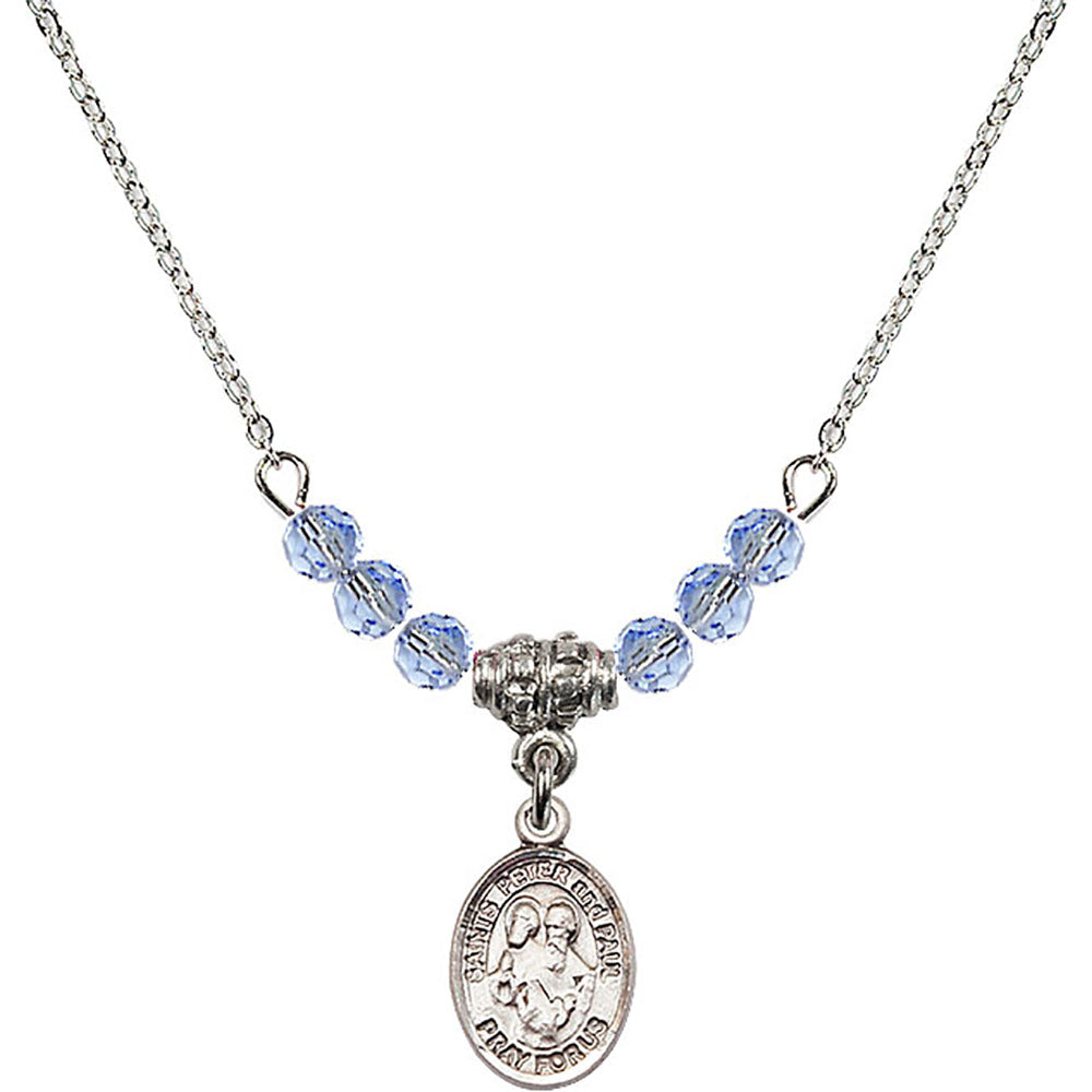 Sterling Silver Saints Peter & Paul Birthstone Necklace with Light Sapphire Beads - 9410