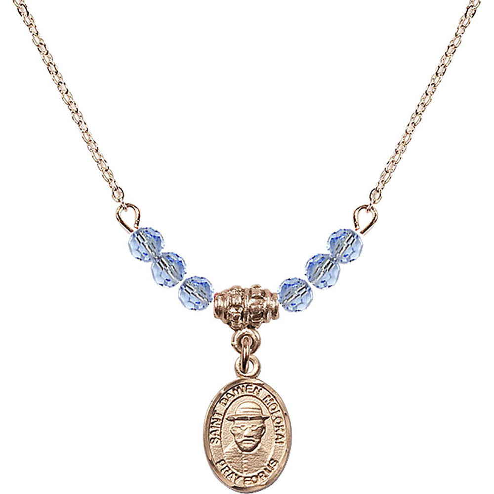 14kt Gold Filled Saint Damien of Molokai Birthstone Necklace with Light Sapphire Beads - 9412
