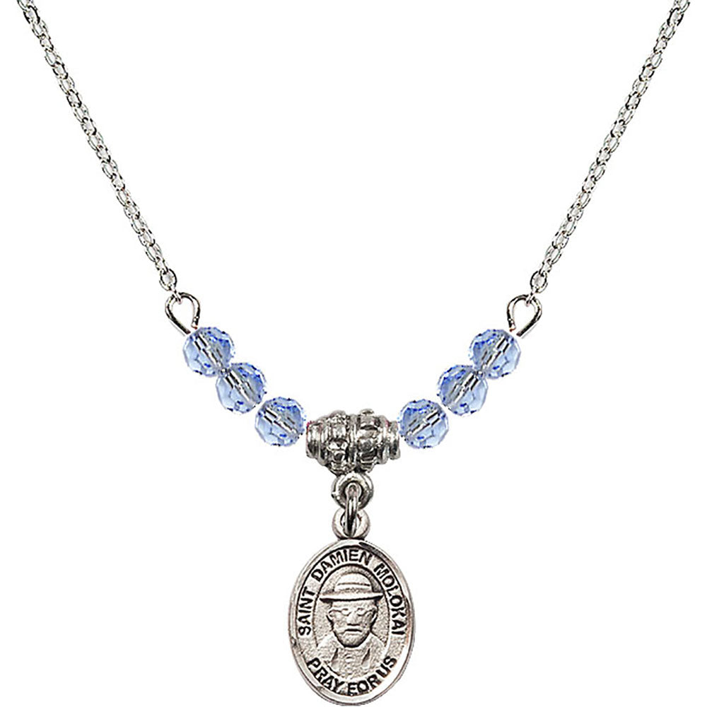 Sterling Silver Saint Damien of Molokai Birthstone Necklace with Light Sapphire Beads - 9412