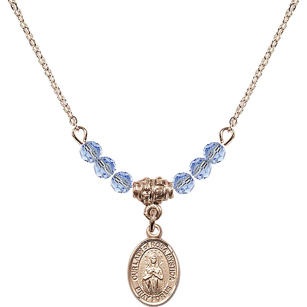14kt Gold Filled Our Lady of Rosa Mystica Birthstone Necklace with Light Sapphire Beads - 9413