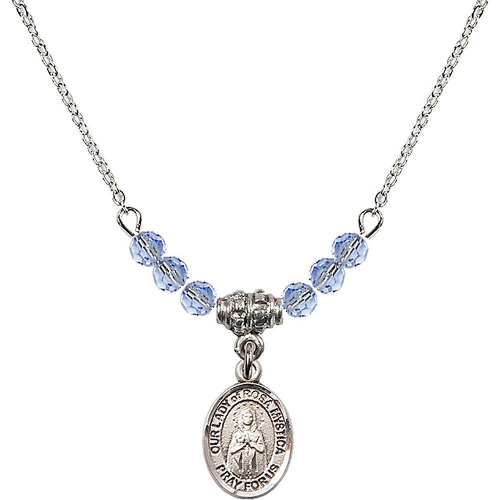 Sterling Silver Our Lady of Rosa Mystica Birthstone Necklace with Light Sapphire Beads - 9413