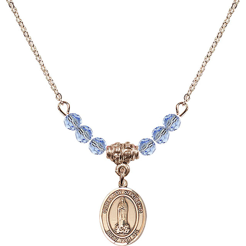 14kt Gold Filled Our Lady of Kibeho Birthstone Necklace with Light Sapphire Beads - 9414