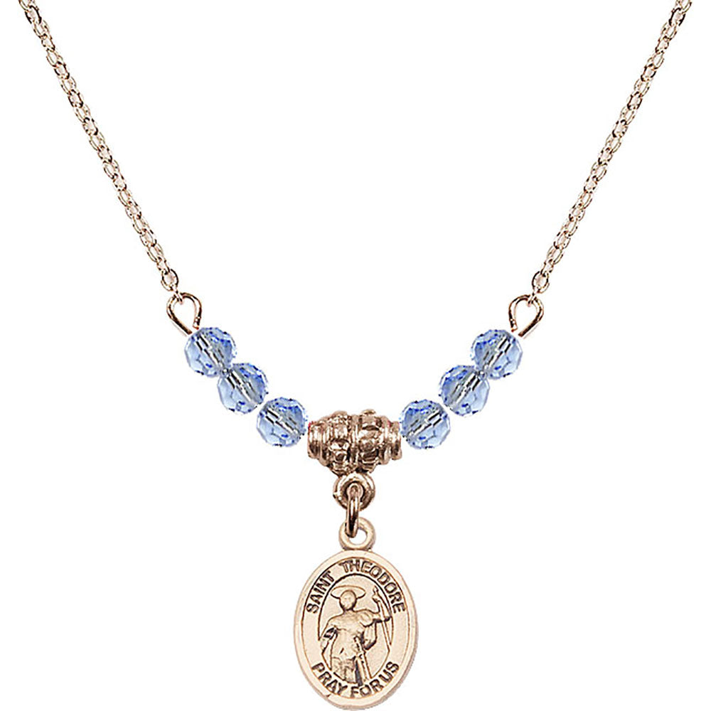14kt Gold Filled Saint Theodore Stratelates Birthstone Necklace with Light Sapphire Beads - 9415