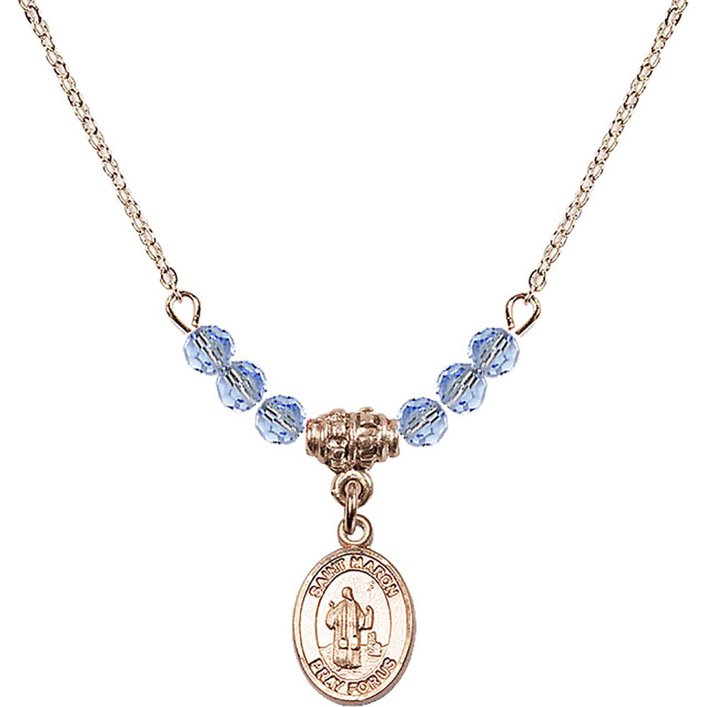 14kt Gold Filled Saint Maron Birthstone Necklace with Light Sapphire Beads - 9417
