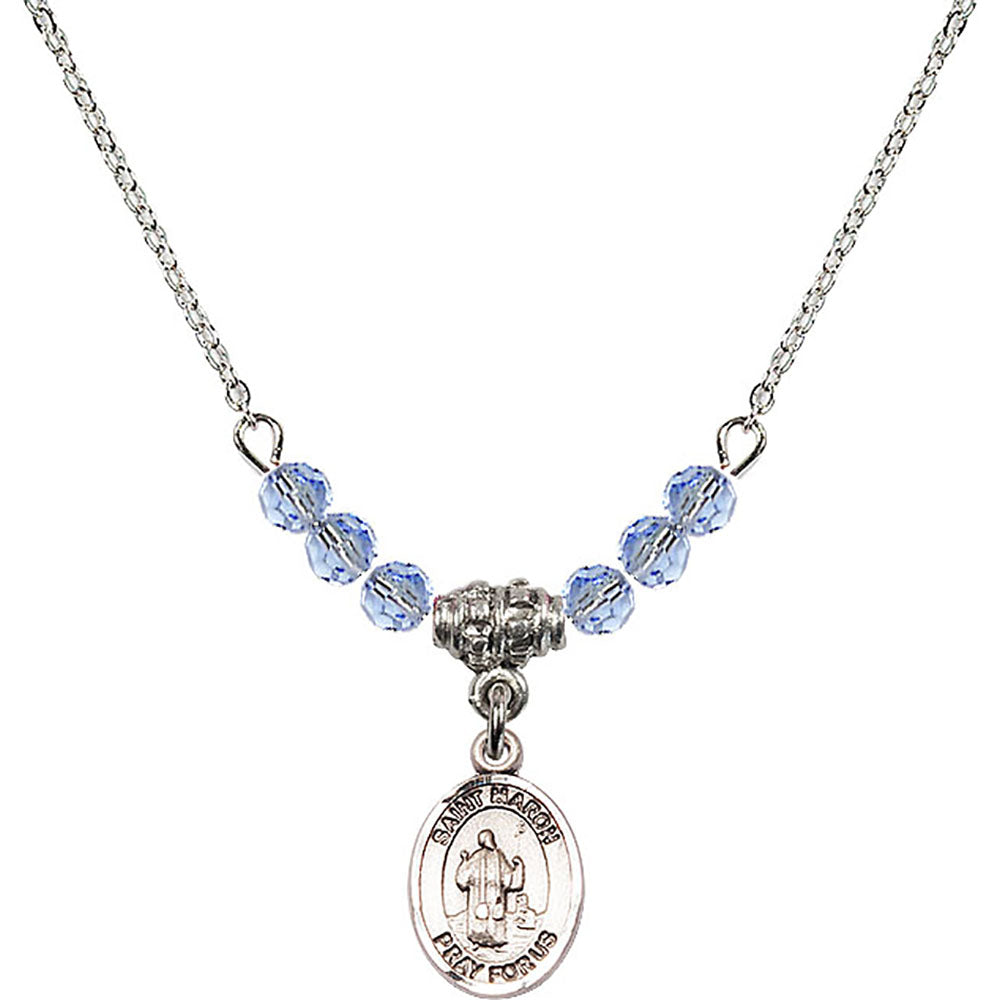 Sterling Silver Saint Maron Birthstone Necklace with Light Sapphire Beads - 9417