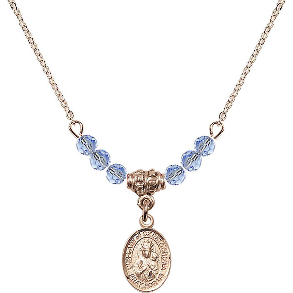 14kt Gold Filled Our Lady of Czestochowa Birthstone Necklace with Light Sapphire Beads - 9421