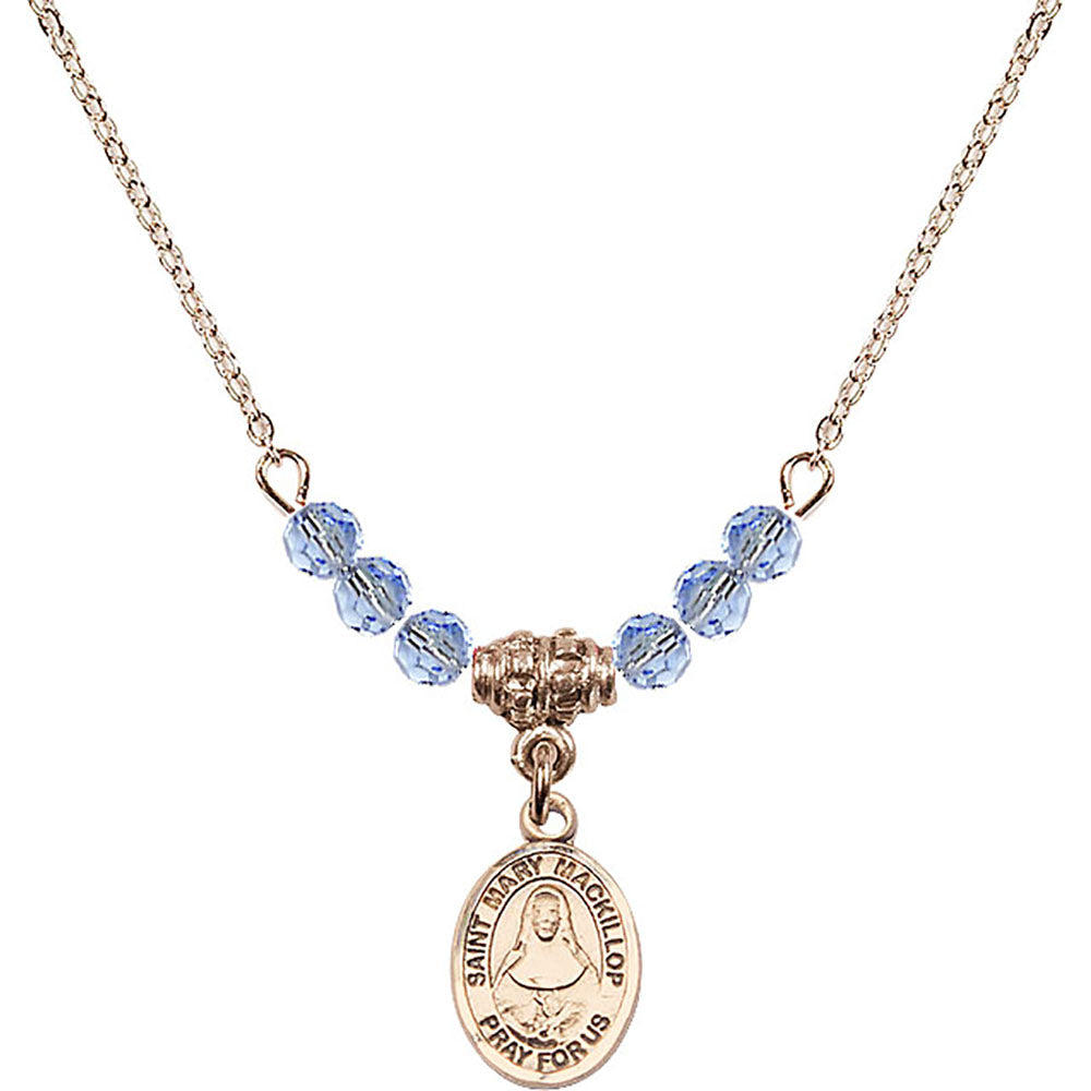 14kt Gold Filled Saint Mary Mackillop Birthstone Necklace with Light Sapphire Beads - 9425
