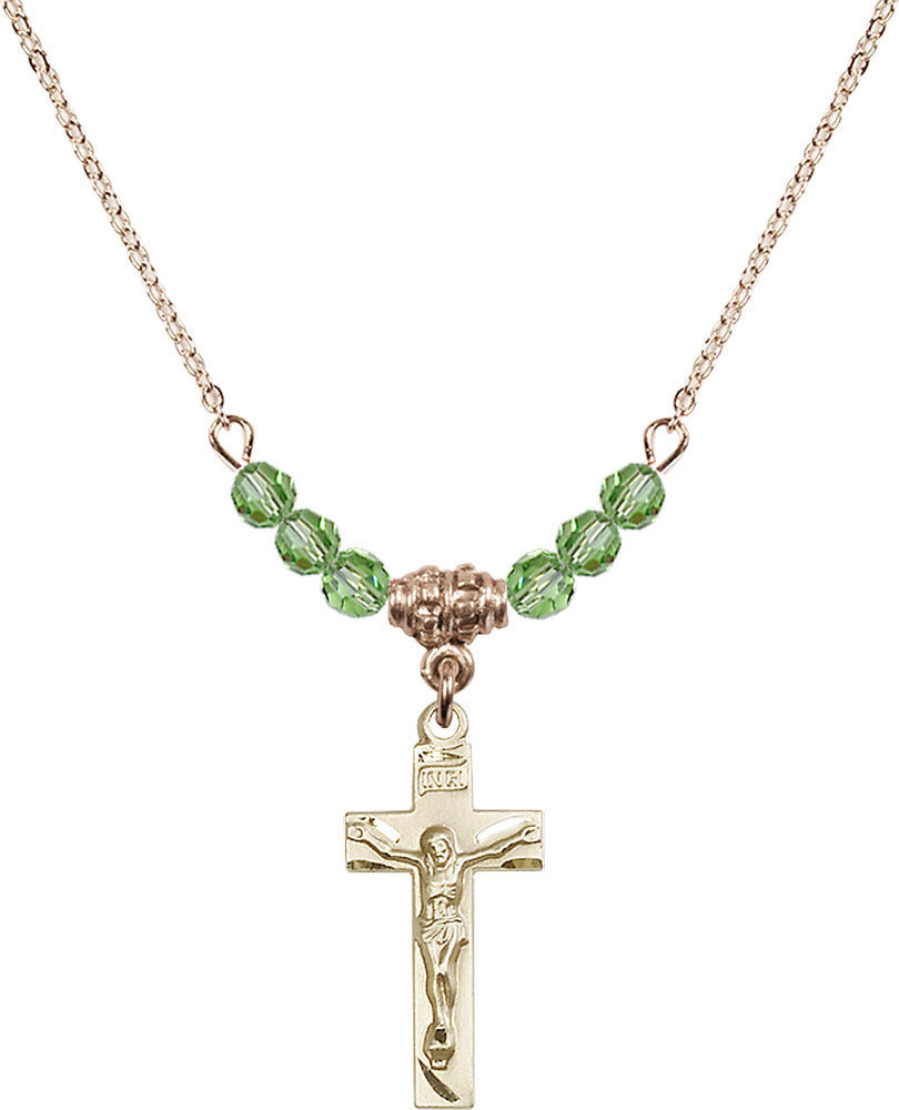 14kt Gold Filled Crucifix Birthstone Necklace with Peridot Beads - 0006