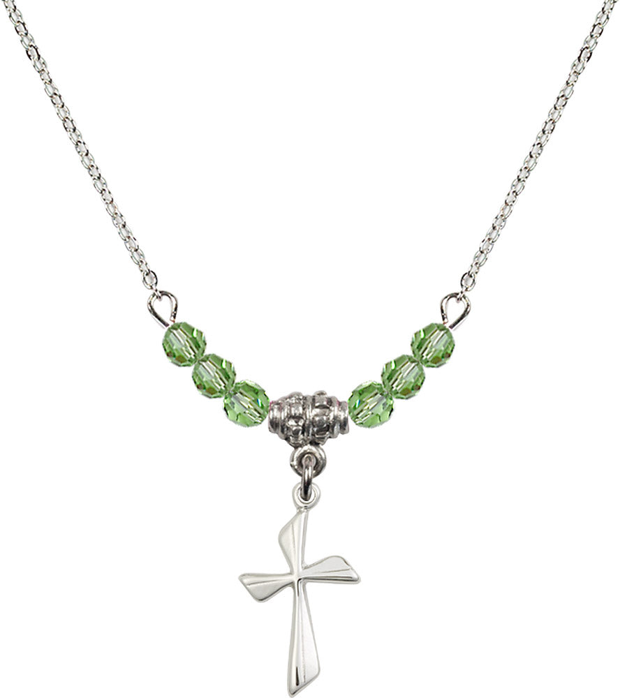 Sterling Silver Cross Birthstone Necklace with Peridot Beads - 0016