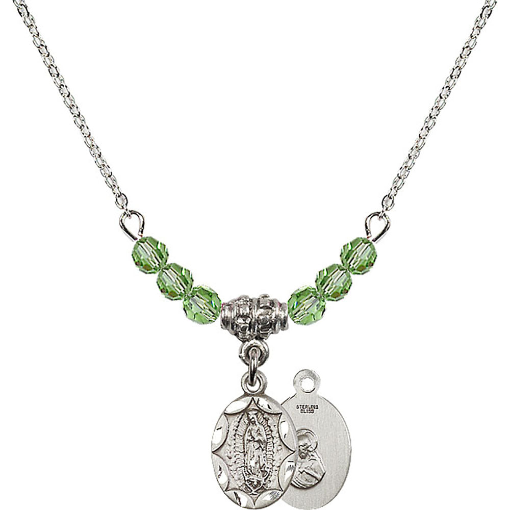 Sterling Silver Our Lady of Guadalupe Birthstone Necklace with Peridot Beads - 0301