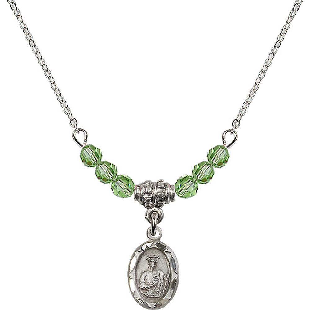 Sterling Silver Saint Jude Birthstone Necklace with Peridot Beads - 0301