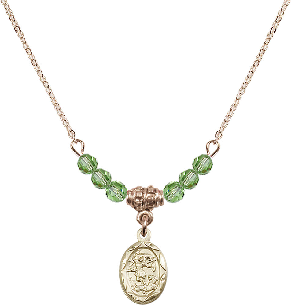 14kt Gold Filled Saint Michael the Archangel Birthstone Necklace with Peridot Beads - 0301
