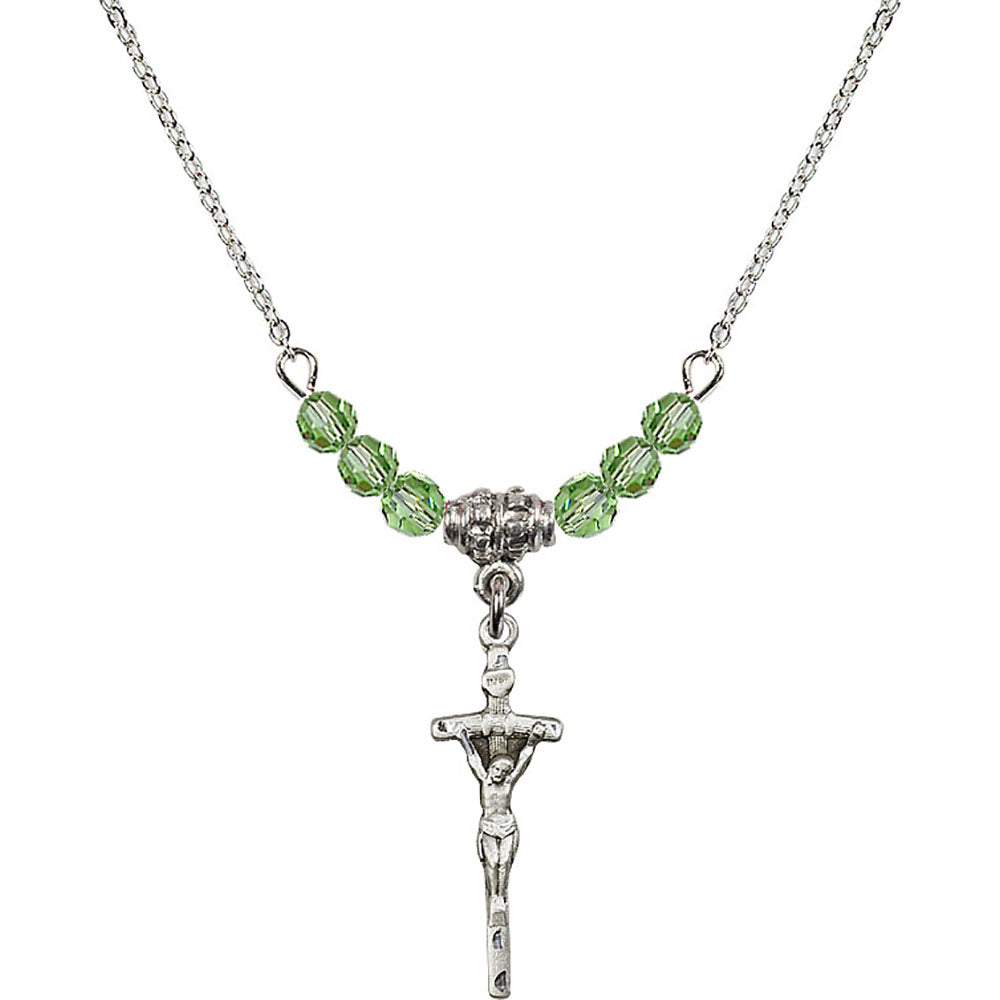 Sterling Silver Papal Crucifix Birthstone Necklace with Peridot Beads - 0563