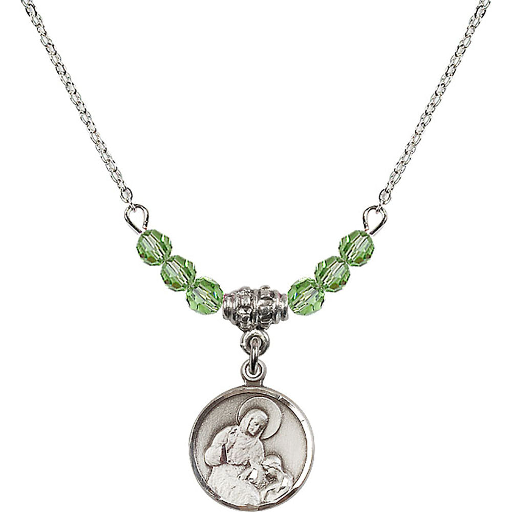 Sterling Silver Saint Ann Birthstone Necklace with Peridot Beads - 0601