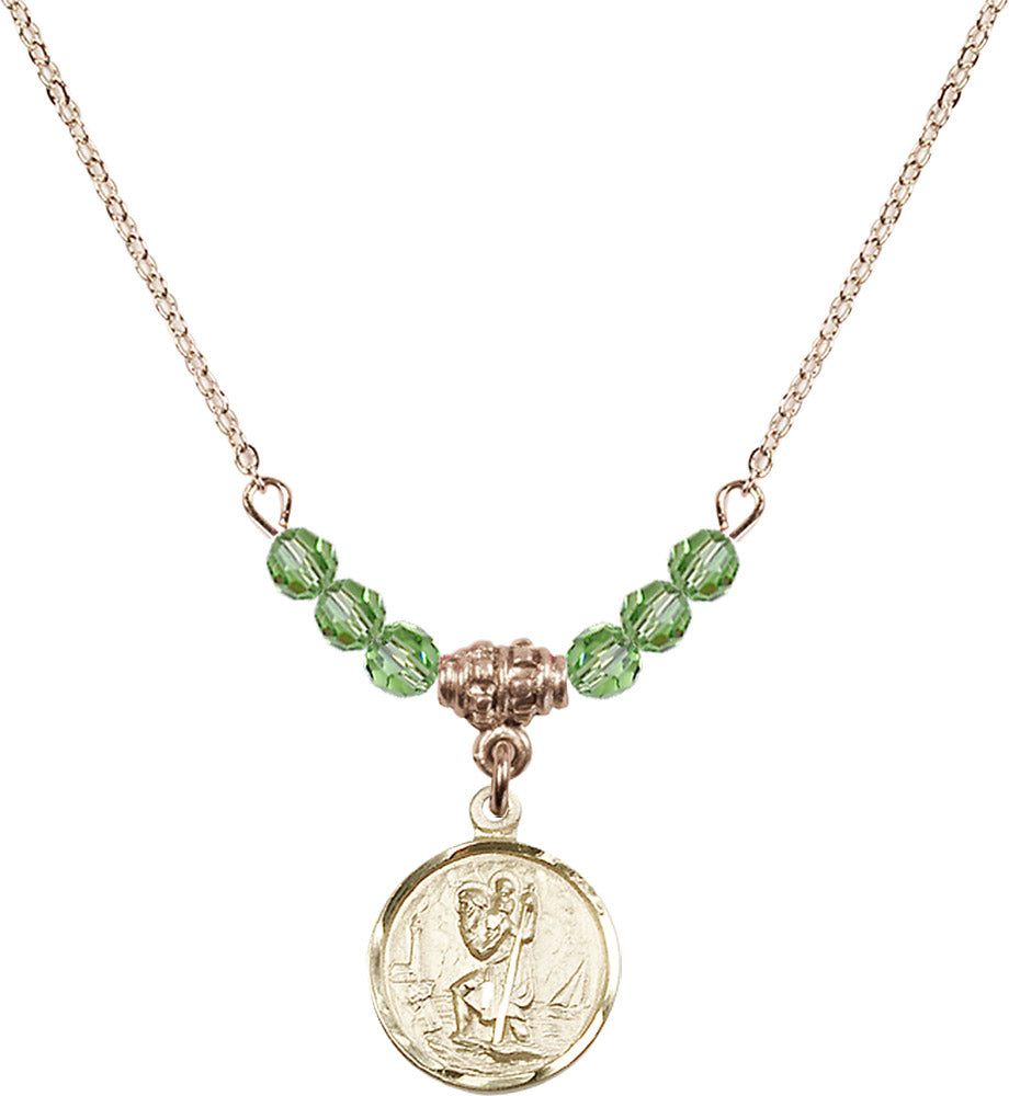 14kt Gold Filled Saint Christopher Birthstone Necklace with Peridot Beads - 0601