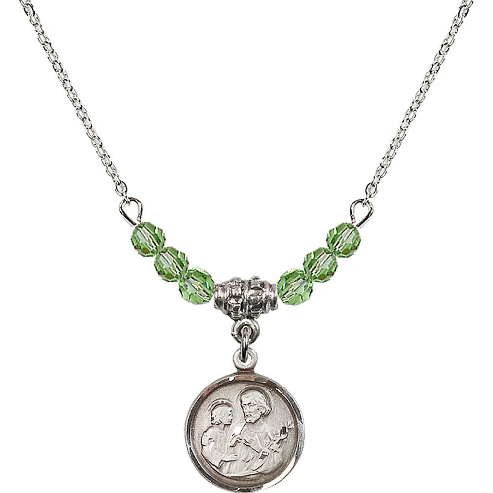 Sterling Silver Saint Joseph Birthstone Necklace with Peridot Beads - 0601