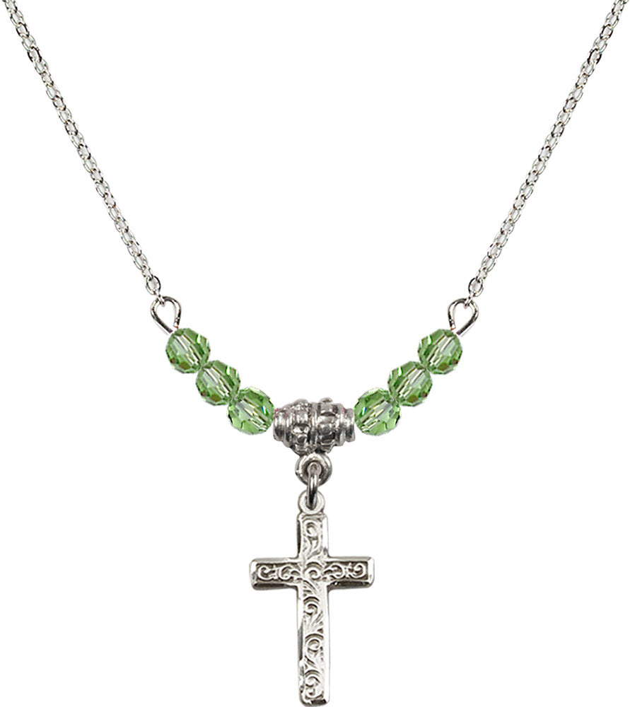 Sterling Silver Cross Birthstone Necklace with Peridot Beads - 0672
