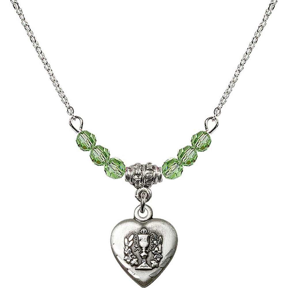Sterling Silver Heart / Communion Birthstone Necklace with Peridot Beads - 0892